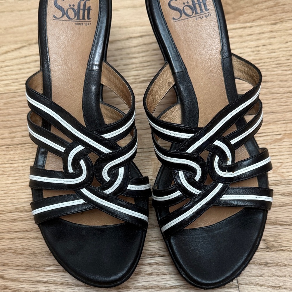 Women's Black and White Heeled Sandals - Picture 3 of 7